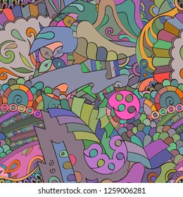 Tracery seamless pattern. Mehndi design. Ethnic colorful doodle texture. Curved doodling background. Vector