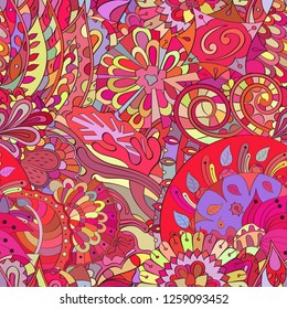 Tracery seamless pattern. Mehndi design. Ethnic colorful doodle texture. Curved doodling background. Vector