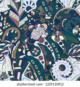 Tracery seamless pattern. Mehndi design. Ethnic colorful doodle texture. Curved doodling background. Vector