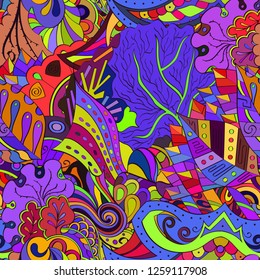 Tracery seamless pattern. Mehndi design. Ethnic colorful doodle texture. Curved doodling background. Vector