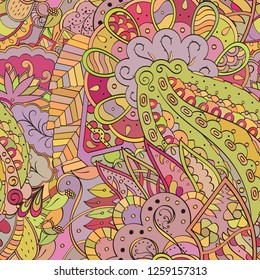 Tracery seamless pattern. Mehndi design. Ethnic colorful doodle texture. Curved doodling background. Vector