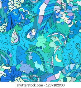 Tracery seamless pattern. Mehndi design. Ethnic colorful doodle texture. Curved doodling background. Vector