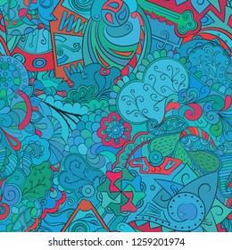Tracery seamless pattern. Mehndi design. Ethnic colorful doodle texture. Curved doodling background. Vector
