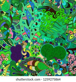 Tracery seamless pattern. Mehndi design. Ethnic colorful doodle texture. Curved doodling background. Vector