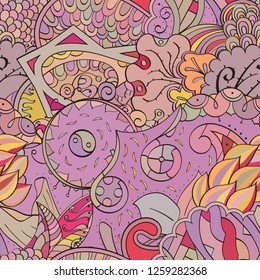 Tracery seamless pattern. Mehndi design. Ethnic colorful doodle texture. Curved doodling background. Vector