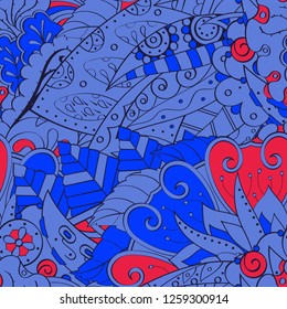 Tracery seamless pattern. Mehndi design. Ethnic colorful doodle texture. Curved doodling background. Vector