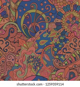Tracery seamless pattern. Mehndi design. Ethnic colorful doodle texture. Curved doodling background. Vector