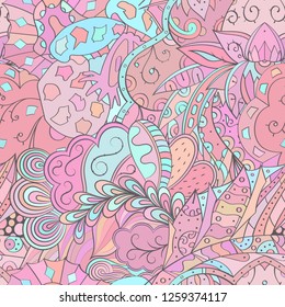 Tracery seamless pattern. Mehndi design. Ethnic colorful doodle texture. Curved doodling background. Vector