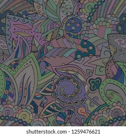 Tracery seamless pattern. Mehndi design. Ethnic colorful doodle texture. Curved doodling background. Vector