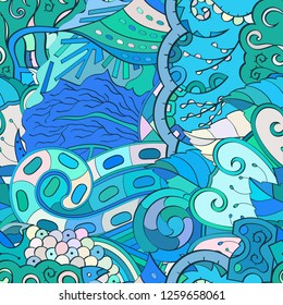 Tracery seamless pattern. Mehndi design. Ethnic colorful doodle texture. Curved doodling background. Vector