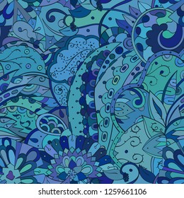 Tracery seamless pattern. Mehndi design. Ethnic colorful doodle texture. Curved doodling background. Vector
