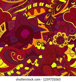 Tracery seamless pattern. Mehndi design. Ethnic colorful doodle texture. Curved doodling background. Vector