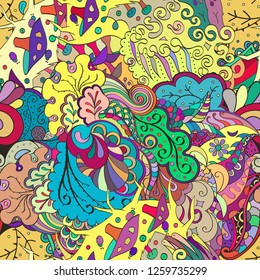 Tracery seamless pattern. Mehndi design. Ethnic colorful doodle texture. Curved doodling background. Vector