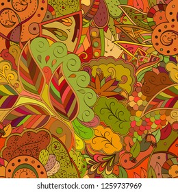Tracery seamless pattern. Mehndi design. Ethnic colorful doodle texture. Curved doodling background. Vector