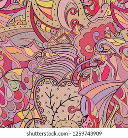 Tracery seamless pattern. Mehndi design. Ethnic colorful doodle texture. Curved doodling background. Vector