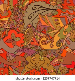 Tracery seamless pattern. Mehndi design. Ethnic colorful doodle texture. Curved doodling background. Vector