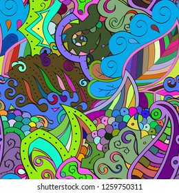 Tracery seamless pattern. Mehndi design. Ethnic colorful doodle texture. Curved doodling background. Vector