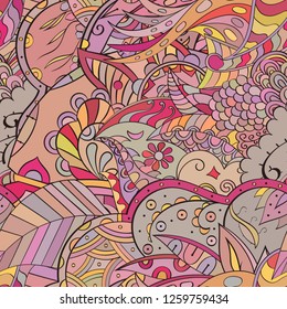 Tracery seamless pattern. Mehndi design. Ethnic colorful doodle texture. Curved doodling background. Vector