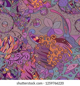 Tracery seamless pattern. Mehndi design. Ethnic colorful doodle texture. Curved doodling background. Vector