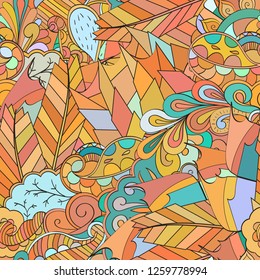 Tracery seamless pattern. Mehndi design. Ethnic colorful doodle texture. Curved doodling background. Vector