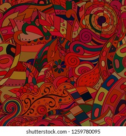 Tracery seamless pattern. Mehndi design. Ethnic colorful doodle texture. Curved doodling background. Vector