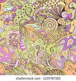 Tracery seamless pattern. Mehndi design. Ethnic colorful doodle texture. Curved doodling background. Vector