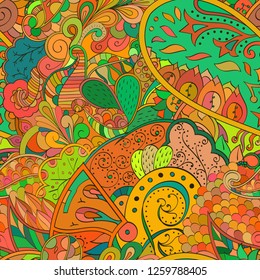 Tracery seamless pattern. Mehndi design. Ethnic colorful doodle texture. Curved doodling background. Vector