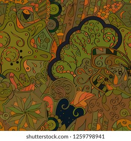 Tracery seamless pattern. Mehndi design. Ethnic colorful doodle texture. Curved doodling background. Vector