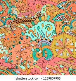Tracery seamless pattern. Mehndi design. Ethnic colorful doodle texture. Curved doodling background. Vector