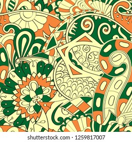Tracery seamless pattern. Mehndi design. Ethnic colorful doodle texture. Curved doodling background. Vector