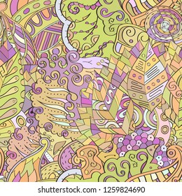 Tracery seamless pattern. Mehndi design. Ethnic colorful doodle texture. Curved doodling background. Vector