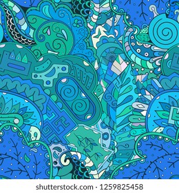 Tracery seamless pattern. Mehndi design. Ethnic colorful doodle texture. Curved doodling background. Vector