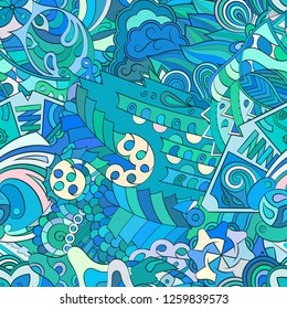 Tracery seamless pattern. Mehndi design. Ethnic colorful doodle texture. Curved doodling background. Vector