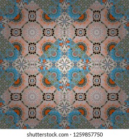 Tracery seamless pattern. Mehndi design. Vector curved doodling background. Ethnic colorful doodle texture in blue, pink and gray colors.