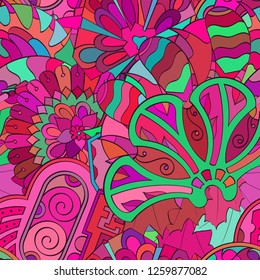 Tracery seamless pattern. Mehndi design. Ethnic colorful doodle texture. Curved doodling background. Vector
