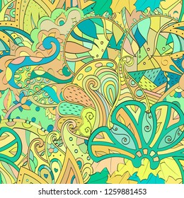 Tracery seamless pattern. Mehndi design. Ethnic colorful doodle texture. Curved doodling background. Vector