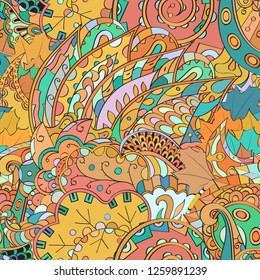 Tracery seamless pattern. Mehndi design. Ethnic colorful doodle texture. Curved doodling background. Vector