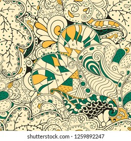 Tracery seamless pattern. Mehndi design. Ethnic colorful doodle texture. Curved doodling background. Vector