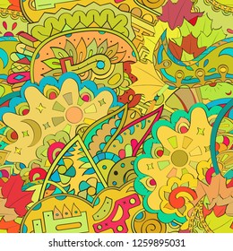 Tracery seamless pattern. Mehndi design. Ethnic colorful doodle texture. Curved doodling background. Vector
