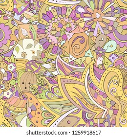 Tracery seamless pattern. Mehndi design. Ethnic colorful doodle texture. Curved doodling background. Vector