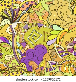 Tracery seamless pattern. Mehndi design. Ethnic colorful doodle texture. Curved doodling background. Vector