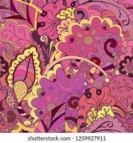 Tracery seamless pattern. Mehndi design. Ethnic colorful doodle texture. Curved doodling background. Vector