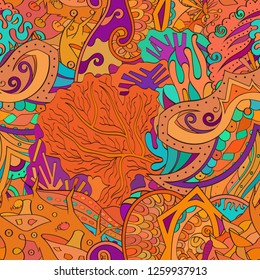 Tracery seamless pattern. Mehndi design. Ethnic colorful doodle texture. Curved doodling background. Vector