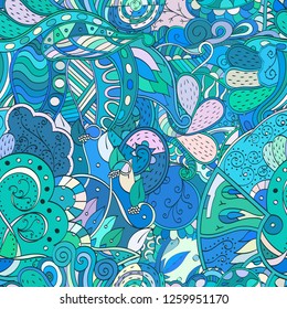 Tracery seamless pattern. Mehndi design. Ethnic colorful doodle texture. Curved doodling background. Vector
