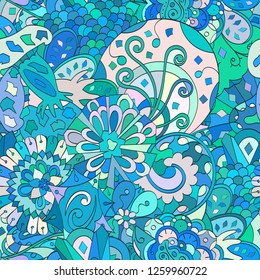 Tracery seamless pattern. Mehndi design. Ethnic colorful doodle texture. Curved doodling background. Vector