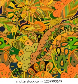 Tracery seamless pattern. Mehndi design. Ethnic colorful doodle texture. Curved doodling background. Vector