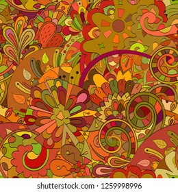 Tracery seamless pattern. Mehndi design. Ethnic colorful doodle texture. Curved doodling background. Vector