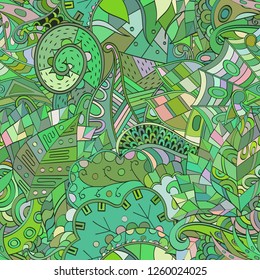 Tracery seamless pattern. Mehndi design. Ethnic colorful doodle texture. Curved doodling background. Vector