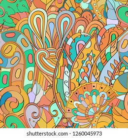 Tracery seamless pattern. Mehndi design. Ethnic colorful doodle texture. Curved doodling background. Vector