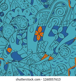 Tracery seamless pattern. Mehndi design. Ethnic colorful doodle texture. Curved doodling background. Vector